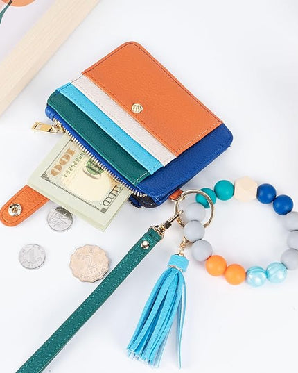 Keychain Wallet with Bracelet RFID Blocking Wristlet Credit Purse Card Holder, Silicone Bead Tassel Key Ring for Women