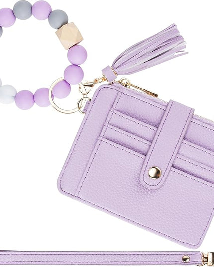 Keychain Wallet with Bracelet RFID Blocking Wristlet Credit Purse Card Holder, Silicone Bead Tassel Key Ring for Women