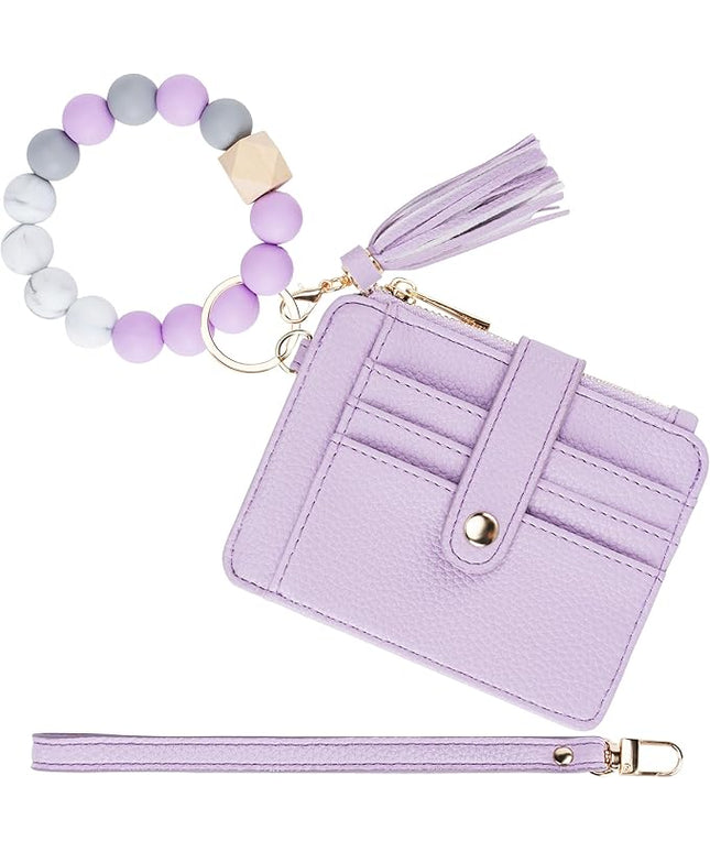 Keychain Wallet with Bracelet RFID Blocking Wristlet Credit Purse Card Holder, Silicone Bead Tassel Key Ring for Women