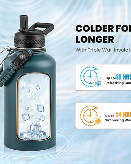 Insulated Water Bottle 64 oz, Triple Wall Vacuum Stainless Steel (Cold for 48 Hrs), Leak Proof & Non-BPA, Half Gallon Water Flask Jug with Paracord Handle & Straw Spout Lids, Dark Green