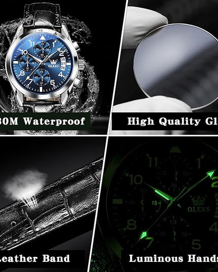 OLEVS Leather Chronograph Watch Men - Leather Strap (Brown/Black), Work Luminous Waterproof Analog Quartz Dress Wrist Watch with Blue/Black/Brown/White Dial