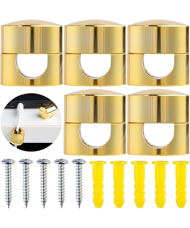 5 Sets Charger Holders for Cords, Gold Adjustable Cable Anchor Holders, Adhesive Metal Cord Clips, Cable Management Wire Organizers for Desk, Office, Nightstand