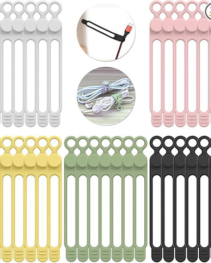 35pcs Silicone Cable Ties,Reusable Cable Management Organizer, Wire Ties，Travel Cord Ties，Cord Organizer for Bundling Cable Cords in Home,Office,Kitchen,School(5 Colors)
