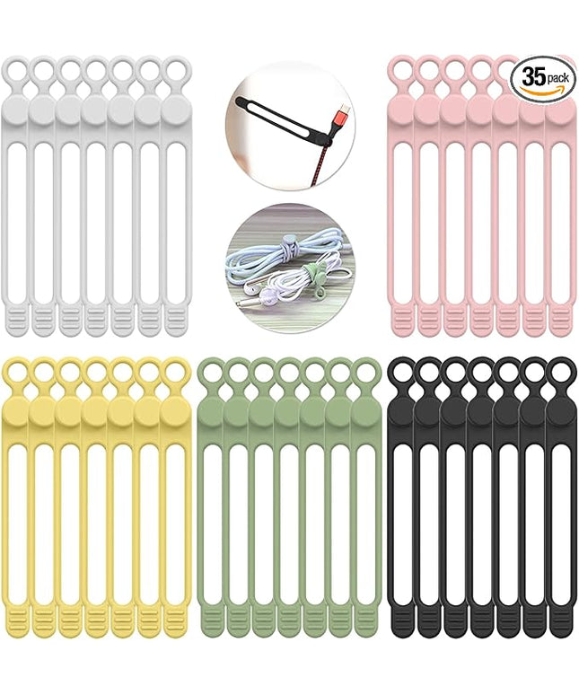 35pcs Silicone Cable Ties,Reusable Cable Management Organizer, Wire Ties，Travel Cord Ties，Cord Organizer for Bundling Cable Cords in Home,Office,Kitchen,School(5 Colors)