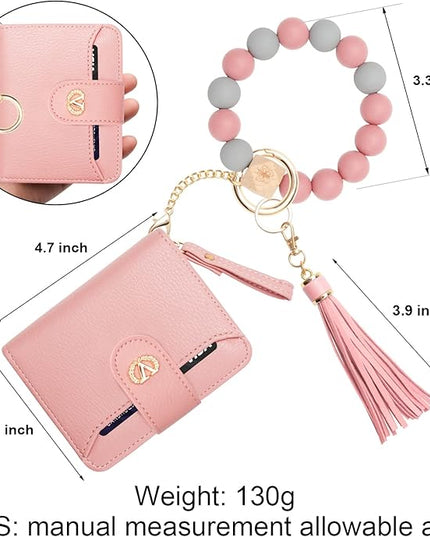 Multi-Purpose Wallet High Capacity Card Holder Zipper Coin Purse with Wristlet Bracelet Keychain Silicone Beaded Bangle Key Ring