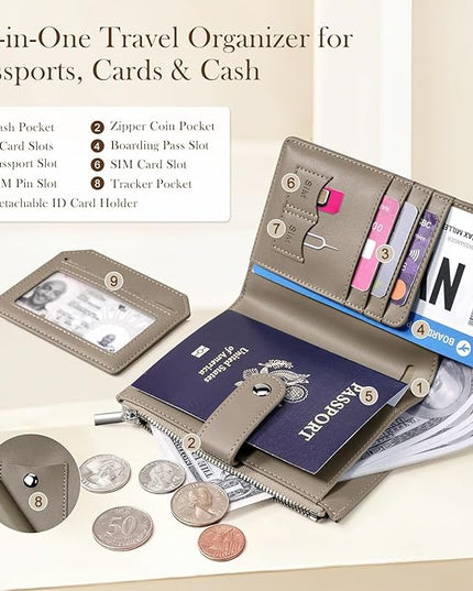 Dadanism RFID Passport Holder for Travel, Pu Leather Passport Wallet Cover with Card Holders, SIM Slots, Zippered Coin Pocket and Cash Slot, Slim Compact Travel Wallet for Women, Khaki Brown