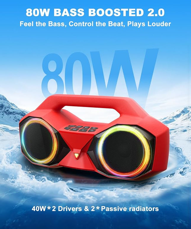 OZJ Bluetooth Speaker 80W(Peak) Loud with Bass, 20H Playtime, IPX7 Waterproof, RGB Lights, TWS, Large Portable Wireless Speakers for Outdoor, Home, Party, Pool, Beach, Tailgating, Gym, Work (Red)