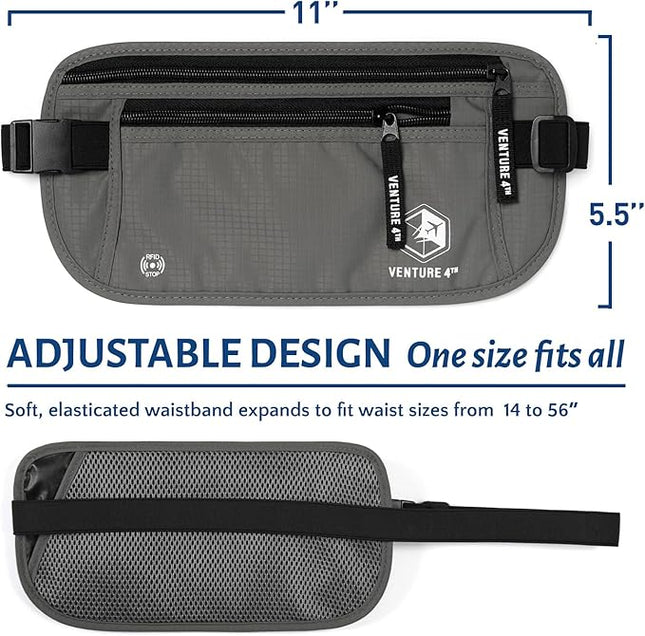 VENTURE 4TH Money Belt for Travel – Hidden Under-Clothes RFID Blocking Passport Holder & Slim Travel Wallet Pouch for Men & Women to Protect Cash, Cards & Documents (Gray)