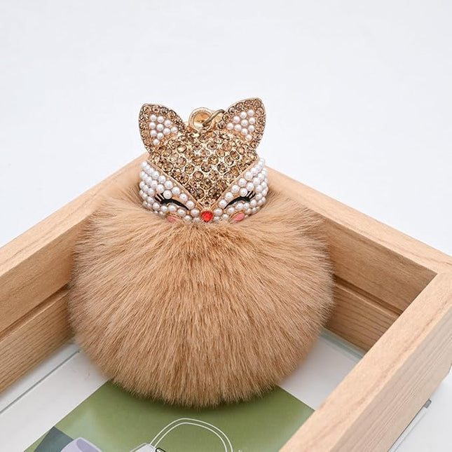 Faux Rabbit Fur Ball Pom Pom Keychain with Fox Head Studded with pearl Rhinestone for Womens Bag Car Key Decoration