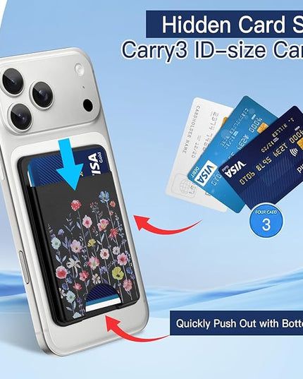 Stronger Magnetic Card Slot Wallet for iPhone 17/16/15/14/13/12 Series (Not for 13/12 Mini), Flower Pattern Hard Card Holder Fit 3 Cards Compatible with Magsafe Accessories, Black