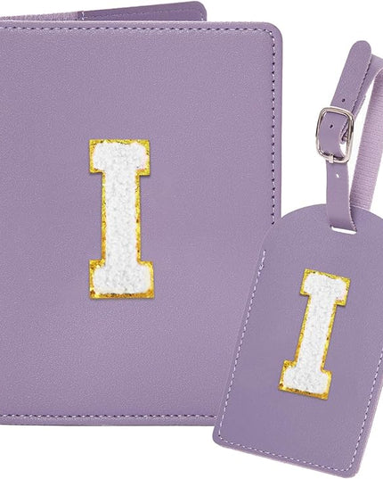 Initial Passport Cover Holder and Luggage tag Set,PU Leather Passport Case Travel Suitcase Tag with Letter Patch, Personalized Travel Luggage Accessories Gifts for Women Grils Teenage Purple Letter I