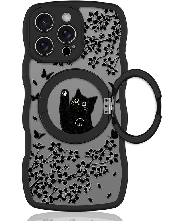 Wavy Case for iPhone 16 Pro Case with Stand [Compatible with MagSafe] Cute Black Cat & Floral & Butterflies Pattern Design, Kawaii 360 Magnetic Ring Kickstand Phone Cover for Women Girls