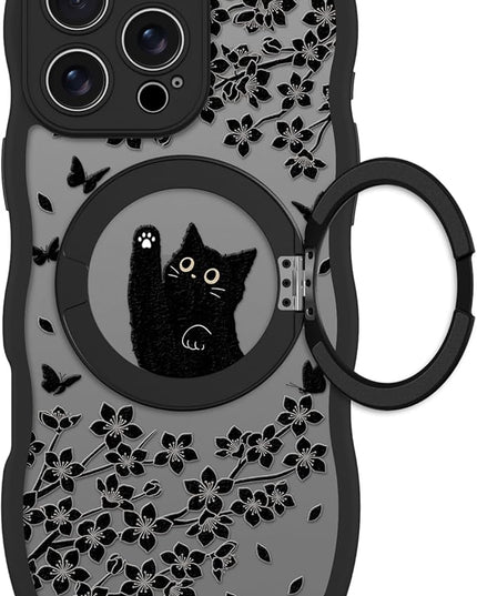 Wavy Case for iPhone 16 Pro Max Case with Stand [Compatible with MagSafe] Cute Black Cat & Floral & Butterflies Pattern Design, Kawaii 360 Magnetic Ring Kickstand Phone Cover for Women Girls