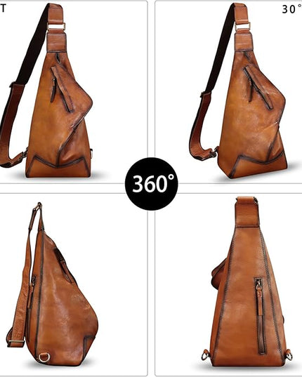 Genuine Leather Sling Bag for Men and Women Vintage Full Grain Leather Sling Purse Chest Daypack Over Shoulder Crossbody Bag (Brown)
