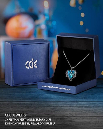 CDE Christmas Gifts for Women Angel Wings Necklace for Women with Birthstone, Love Heart Silver Tone/Gold Tone Pendant, Ideal Anniversary or Birthday Jewelry Gifts for Wife Girlfriend Her