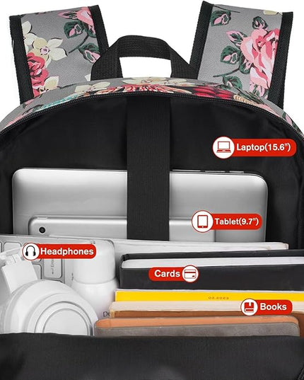 School Backpack Women and Teen Girl,Classic Bookbag Schoolbag with USB Port for High School College Office Work Travel 15.6 inch Gray Flower