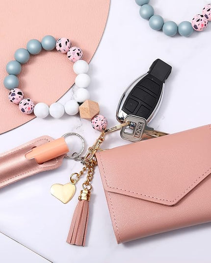 Weewooday Wristlet Bracelet Keychain Wallet Gift for Women Christmas Small Silicone Beaded Keyring Purse Leather Card Holder(Pink)