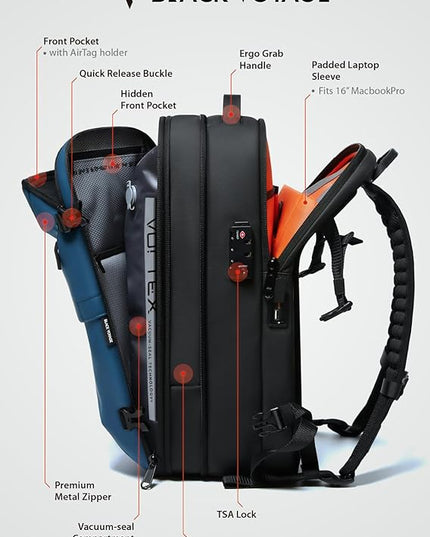 BlackVoyage Vortex Vacuum Seal Travel Backpack 60L Expandable Air Compression System Water Resistant TSA Lock Carry-On Suitcase Luggage Blue AERO - Vacuum Pump Included