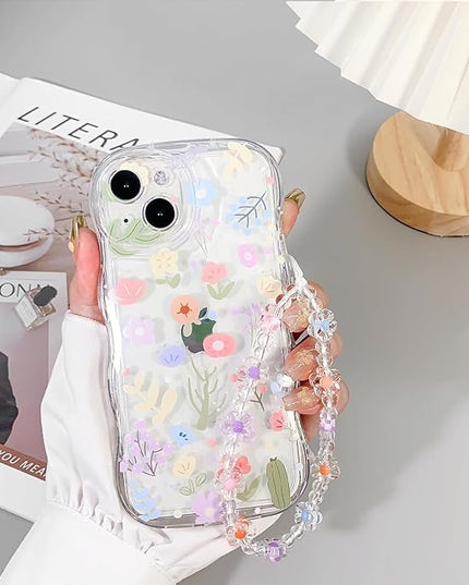 for iPhone 13 Case Clear Cute Flower Floral with Wave Border for Girls Women Pattern Shockproof Protective Girly-Colorful Floral