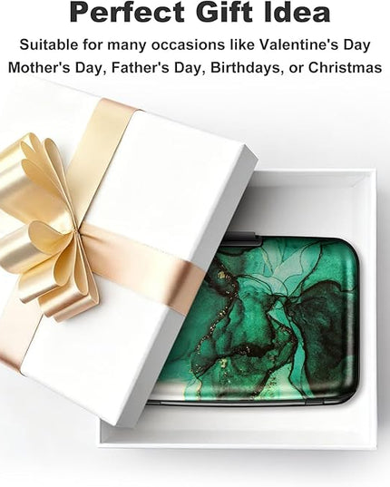 ELFISH Mini RFID Aluminum Wallet Credit Cards Holder Business Card Case Metal ID Case for Men Women (Greenblack Marble)