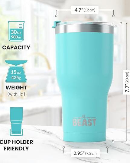 Beast 30 oz Tumbler Stainless Steel Vacuum Insulated Coffee Ice Cup Double Wall Travel Flask (Aquamarine Blue)