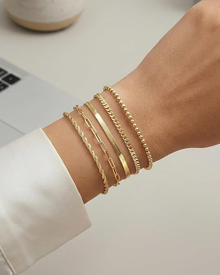Gold Bracelets Set for Women Stack, Dainty Thick Bracelets Stack for Women Trendy, Simple Thin Gold Plated Cuff Stackable Bracelets With Beaded Cuban Paperclip Snake Rope Bangle Hand Chain Jewelry Gifts for Women Non Tainish