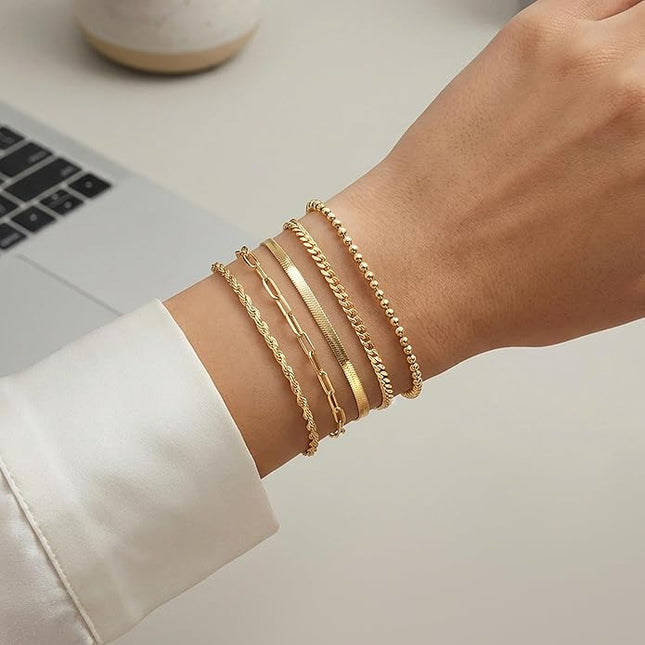 Gold Bracelets Set for Women Stack, Dainty Thick Bracelets Stack for Women Trendy, Simple Thin Gold Plated Cuff Stackable Bracelets With Beaded Cuban Paperclip Snake Rope Bangle Hand Chain Jewelry Gifts for Women Non Tainish