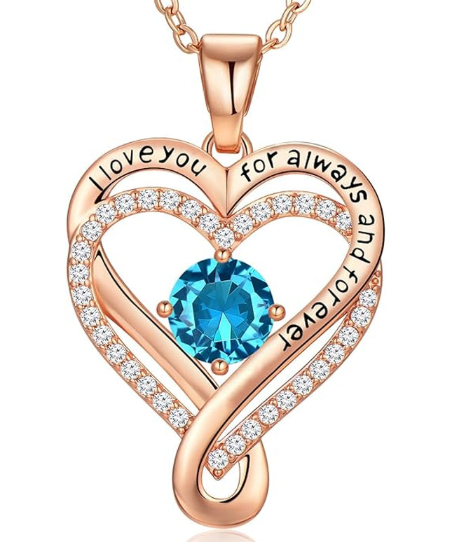 Infinity Love Heart Birthstone Necklace for Women Wife, S925 Sterling Silver Anniversary for Women Wife Birthday Gift for Her Girlfriend Mom Daughters, I Love You Women's Jewelry 18k Rose Gold Filled