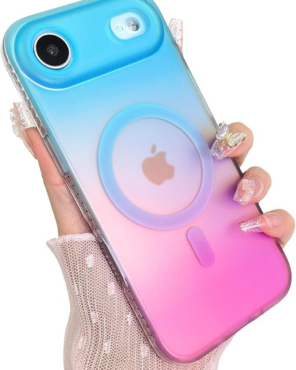 Aesthetic Case for iPhone Air Case for Women Girls [Compatible with Magsafe] Cute Girly Trendy Glitter Sparkly Rainbow Magnetic Protective Phone Cover, Matte Iridescent Blue & Pink