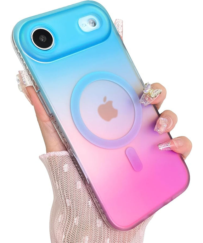 Aesthetic Case for iPhone Air Case for Women Girls [Compatible with Magsafe] Cute Girly Trendy Glitter Sparkly Rainbow Magnetic Protective Phone Cover, Matte Iridescent Blue & Pink