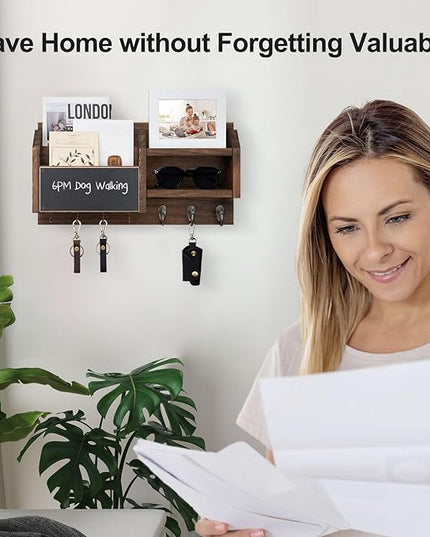 Lwenki Mail and Key Holder – Wall Mount Key Hanger with Shelf and 7 Metal Hooks – Decorative Natural Paulownia Wood Entryway Organizer with Mounting Hardware (16.5”W x 8.7”H x 3.5”D) (Brown)