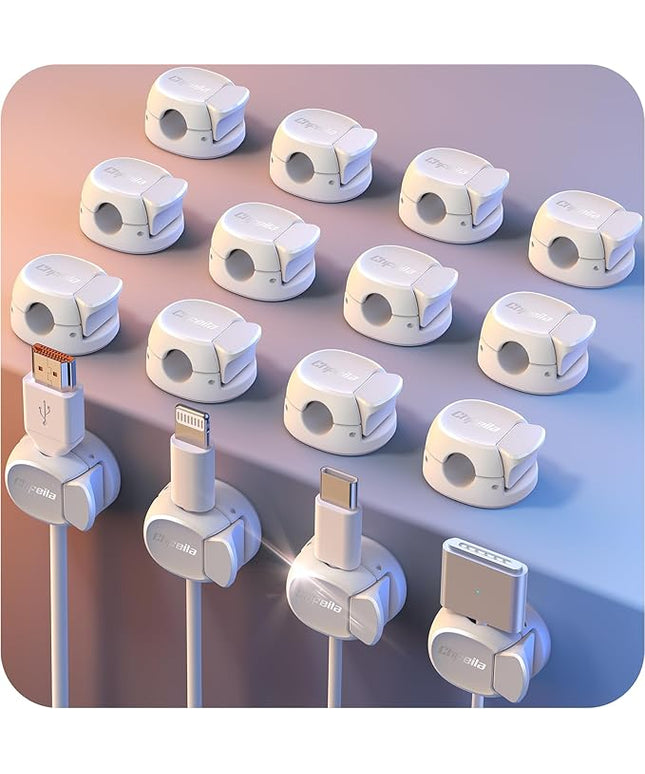 16Pack Cord Organizer [Dual Spring & Clasp] [Max Stability] Cable Clips, Chfeila Cord Holder, Desk Cable Management, Adhesive Wire Organizer for Home Office Desktop Nightstand Car Table Wall - White