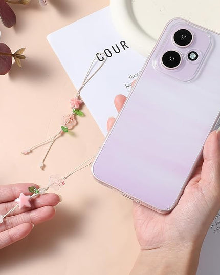 2 Pcs Flower Cute Phone Charm, Phone Chains Straps with Pink Ceramic Star Kawaii Phones Accessories Leaf Floral Wrist Lanyard Bracelet for Keys Bags Camera Pendants Decor