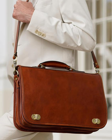 Time Resistance Leather Briefcase for Men - Italian Full Grain Leather Laptop Bag - Messenger Bag - Gift Box Included