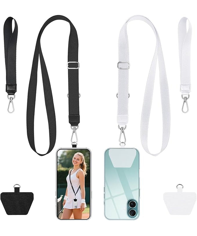 takyu Phone Lanyard, 2 Pack Adjustable Crossbody Neck/Wrist Strap with 2 PcsTether Pads, Secure Hands-Free Compatible for iPhone Samsung Perfect for Nurses, Teachers, Travel, Hiking Black+White