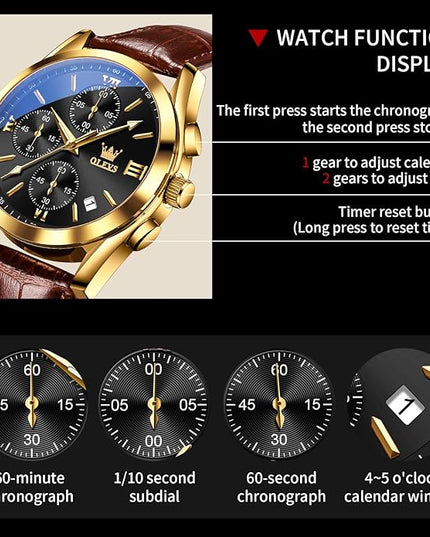 OLEVS Leather Chronograph Watch Men - Leather Strap (Brown/Black), Work Luminous Waterproof Analog Quartz Dress Wrist Watch with Blue/Black/Brown/White Dial