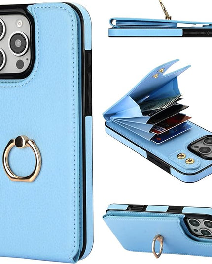 Folosu Compatible with iPhone 16 Pro Max Case Wallet with Card Holder, 360°Rotation Finger Ring Holder Kickstand, RFID Blocking Leather Protective Double Buttons Shockproof Cover 6.9 Inch Blue