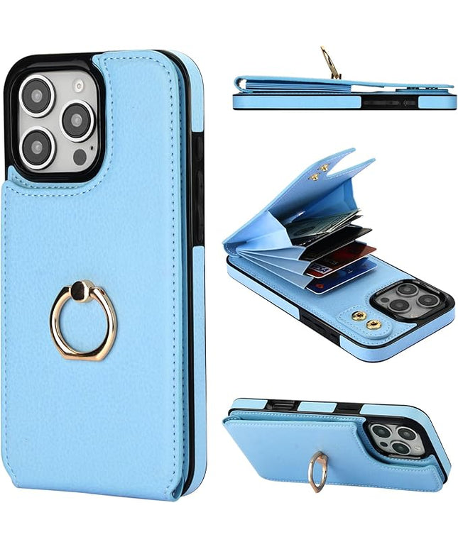 Folosu Compatible with iPhone 16 Pro Max Case Wallet with Card Holder, 360°Rotation Finger Ring Holder Kickstand, RFID Blocking Leather Protective Double Buttons Shockproof Cover 6.9 Inch Blue