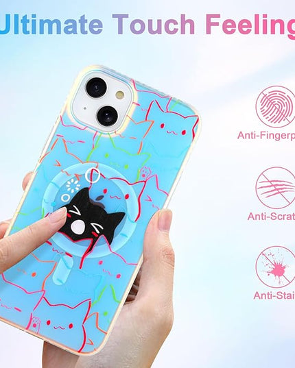 Cute Case for iPhone 15 Case for Women Girls Boys [ Compatible with Magsafe ] Iridescent and Black Cats Cat Pattern Design, Kawaii Colorful Animal Soft Bumper Protective Phone Cover
