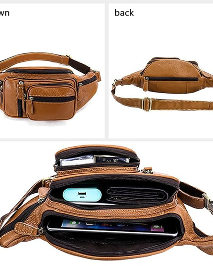 Genuine Leather Fanny Pack large capacity Crossbody Waist Bag with Zipper phone Pockets brown