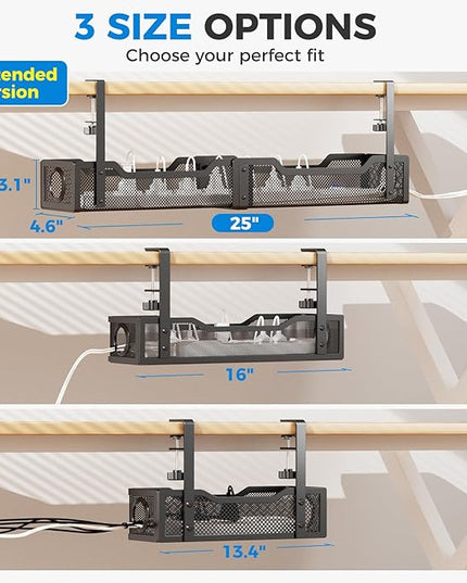 [Upgraded] Extra Large Under Desk Cable Management, Cinati 25" Wire Organizers No Drill, Cable Tray with Clamp for Wire Management, Cord Organization Box for Office, Home - No Damage to Desk(Black)