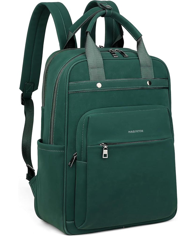 MASINTOR Leather Laptop Backpack for Women, Stylish Computer Backpack College Business Work Shoulder Bags Work and Travel Retro Green