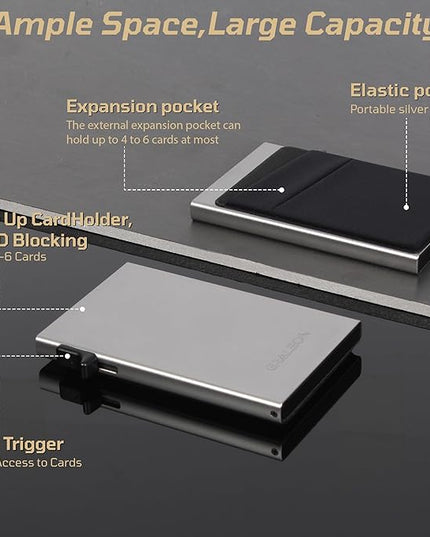 Slim Card Holder Wallet for Men with 12 Card Slots,RFID Blocking Pop Up men's wallet,Metal Wallet with Superelastic Material Expandable Front Pocket Perfectly holds cards,bills,and coins(gray)