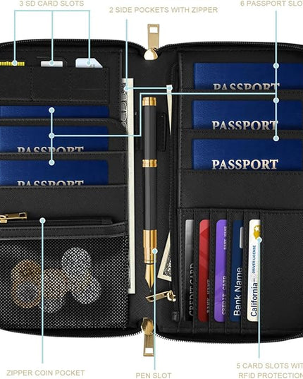 Family Passport Holder Wallet RFID Blocking Document Organizer PU Leather Mulit-purpose Travel Wallet Credit Cards Case for Women Men,Sunflowers