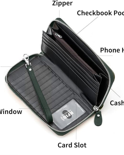 Moflycom Womens Wallet RFID Blocking Genuine Leather Multi Credit Card Large Capacity Zip Around Clutch Travel Purse Wristlet