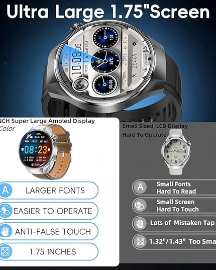 Military Tactical Smart Watch for Men,1.75" Large Crystal Clear HD AMOLED Touchscreen Smartwatches for Android iOS,Fitness Tracker with 120+Sport Modes/Heart Rate/Sleep Monitor (Silver)