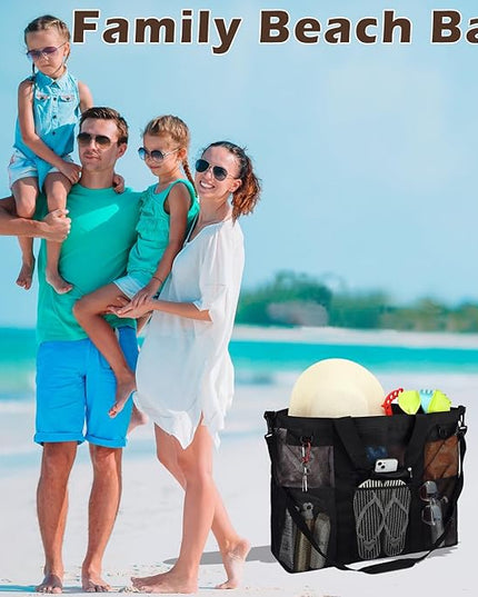 Mesh Beach Bag, Large Beach Tote with Zipper Pocket, Toys Pool Bag for Family Travel Vacation Cruise Essentials