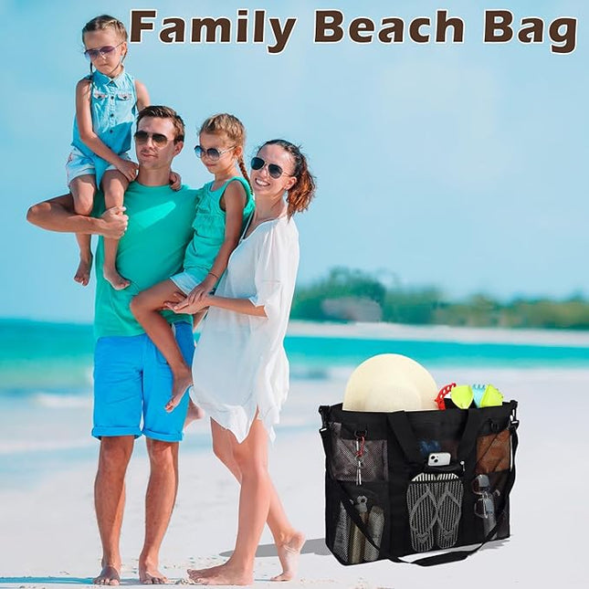 Mesh Beach Bag, Large Beach Tote with Zipper Pocket, Toys Pool Bag for Family Travel Vacation Cruise Essentials