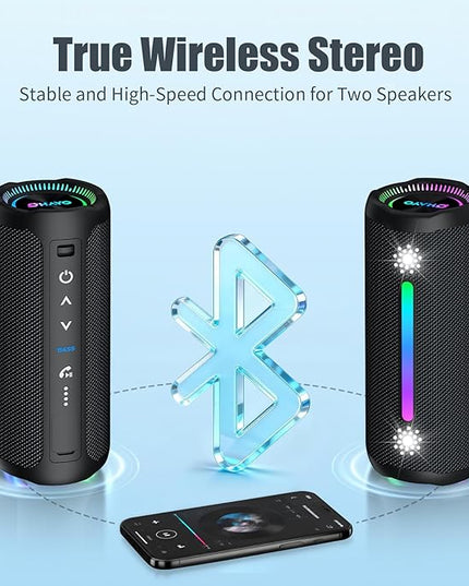 Bluetooth Speakers Wireless Loud Stereo Sound IPX7 Waterproof Outdoor Portable 25W Super Bass Speaker for Home Party Beach with 24H Playtime Colorful Lights BT5.3 TWS Pairing Birthday Gift Black