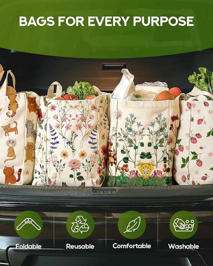 Large Canvas Grocery Tote Bag - Reusable Extra Large Shopping Shoulder Bags with 6 Inner Pockets & 2 Handle Strap